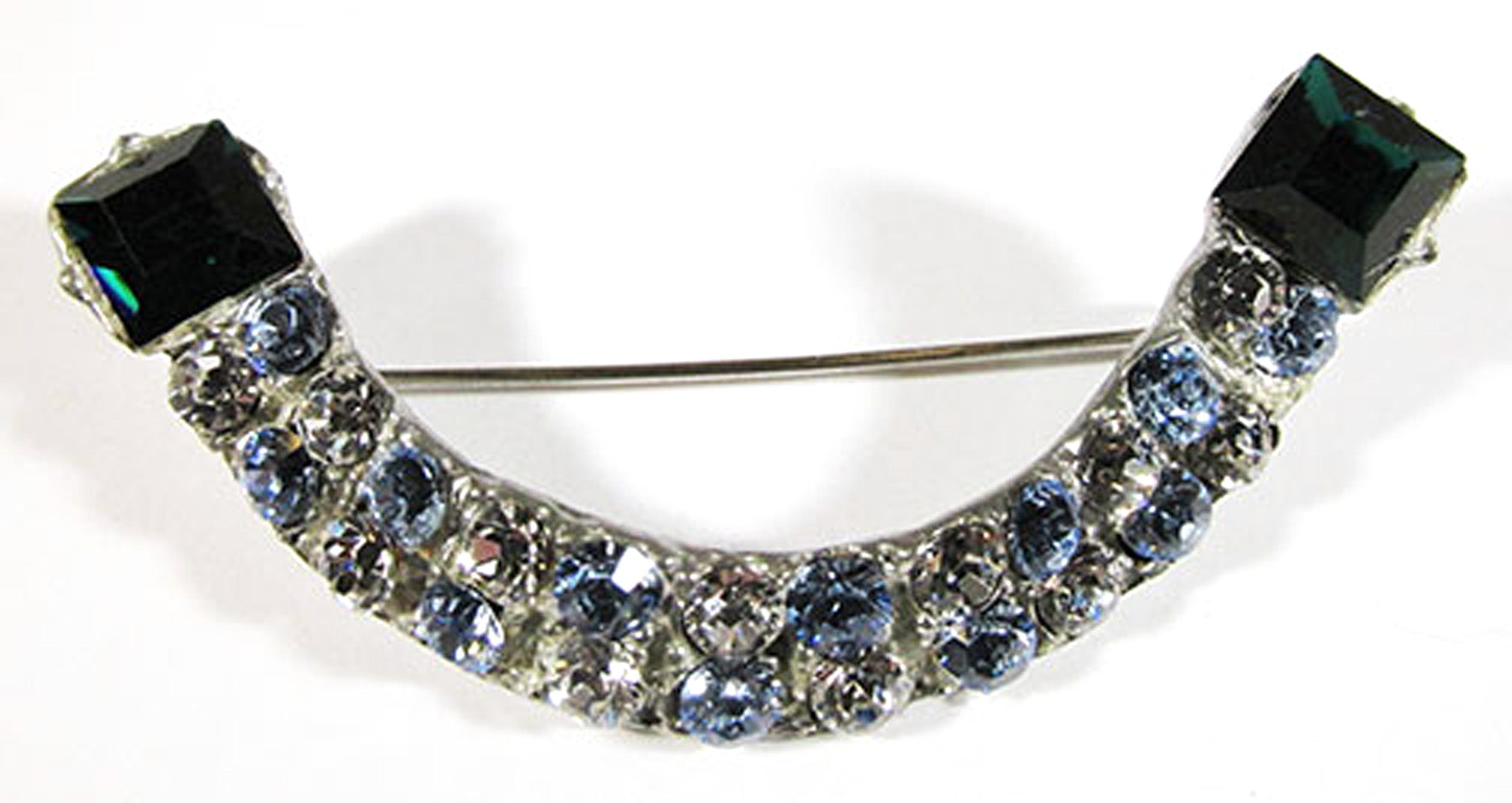 Vintage 1930s Art Deco Green, Blue, and Clear Rhinestone Pot Metal Pin - Front