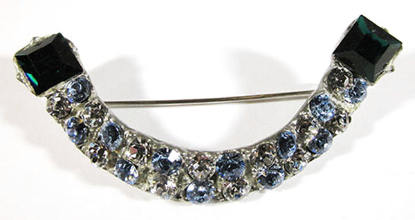 Vintage 1930s Art Deco Green, Blue, and Clear Rhinestone Pot Metal Pin - Front