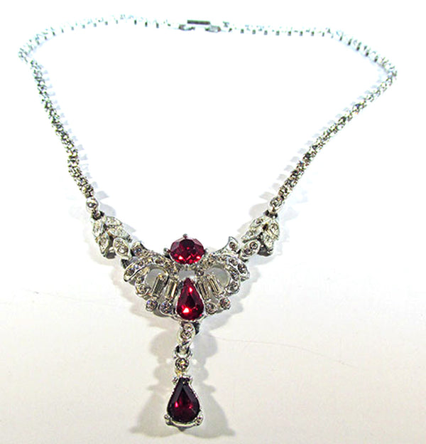 Vintage 1950s Ruby Red and Clear Rhinestone Drop Necklace - Front