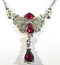 Vintage 1950s Ruby Red and Clear Rhinestone Drop Necklace - Close Up - Thumbnail