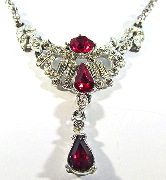 Vintage 1950s Ruby Red and Clear Rhinestone Drop Necklace - Close Up