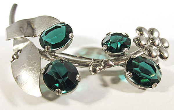 Vintage 1940s Emerald Rhinestone and Sterling Silver Spray Pin - Front