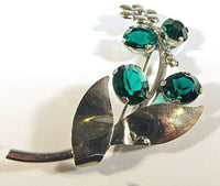 Vintage 1940s Emerald Rhinestone and Sterling Silver Spray Pin - Front - Thumbnail
