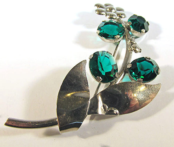 Vintage 1940s Emerald Rhinestone and Sterling Silver Spray Pin - Front