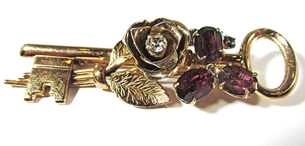 Vintage Coro 1940s  Clear, Blue, and Amethyst Rhinestone Key Pin - Front