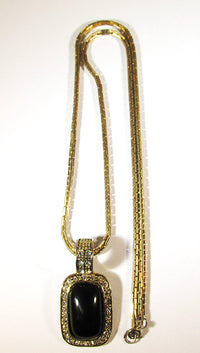 Vintage 1960s Black Onyx and Clear Rhinestone Gold Pendant - Front - Thumbnail
