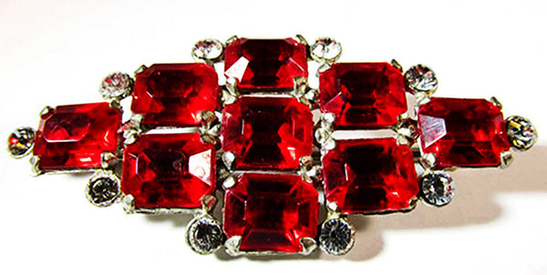 Vintage 1930s Art Deco Red and Clear Rhinestone Pot Metal Pin - Front