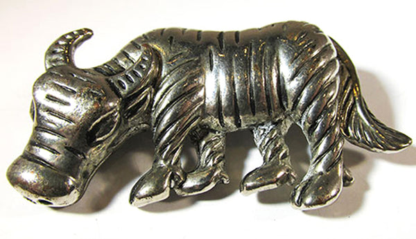 Vintage 1970s Whimsical Retro Silver Figural Water Buffalo Pin - Front