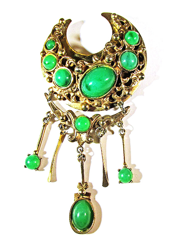 Dramatic Vintage 1950s Jade Green Cabochon Drop Pin - Front
