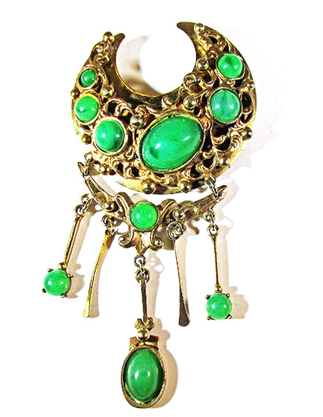 Dramatic Vintage 1950s Jade Green Cabochon Drop Pin - Front