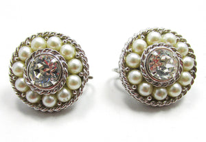 Signed Sarah Coventry 1960s Vintage Diamante and Pearl Earrings - Front