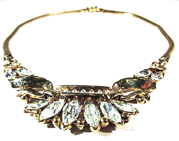 Vintage Trifari 1950s Clear Rhinestone and Gold Necklace (Book Piece) - Front