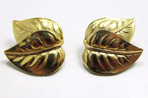 Trifari Signed 1960s Designer Contemporary Style Leaf Earrings - Front