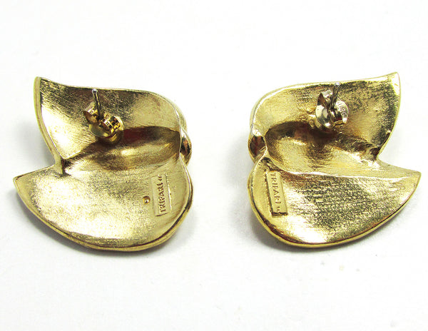 Trifari Signed 1960s Designer Contemporary Style Leaf Earrings - Back