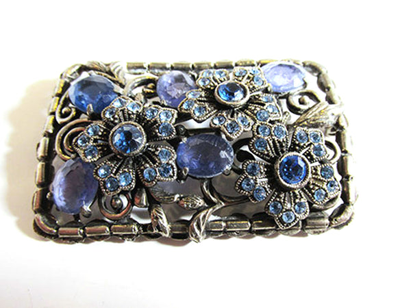 Vintage 1930s Art Nouveau Style Blue Rhinestone Floral Pin - Front