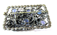 Vintage 1930s Art Nouveau Style Blue Rhinestone Floral Pin - Back - Thumbnail