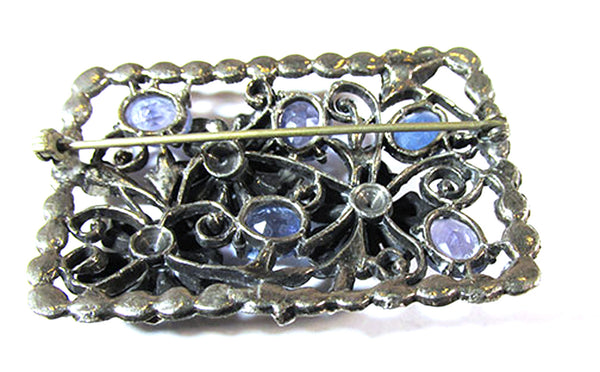 Vintage 1930s Art Nouveau Style Blue Rhinestone Floral Pin - Back