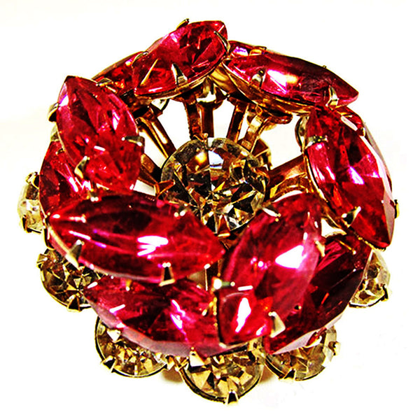 Vintage 1950s Fuchsia Pink and Clear Rhinestone Gold Floral Pin - Front