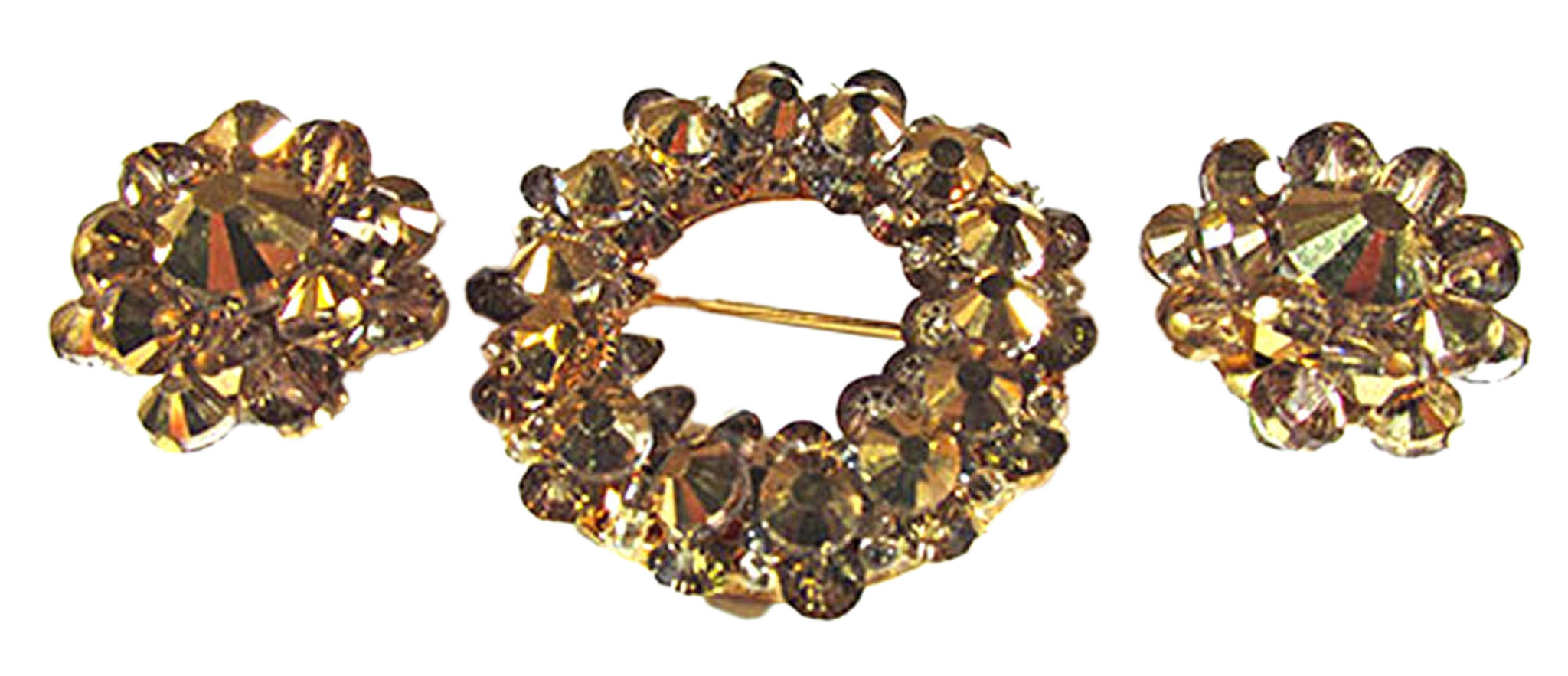Vintage Hobe 1950s Gold and Topaz Rhinestone Pin and Earrings - Front