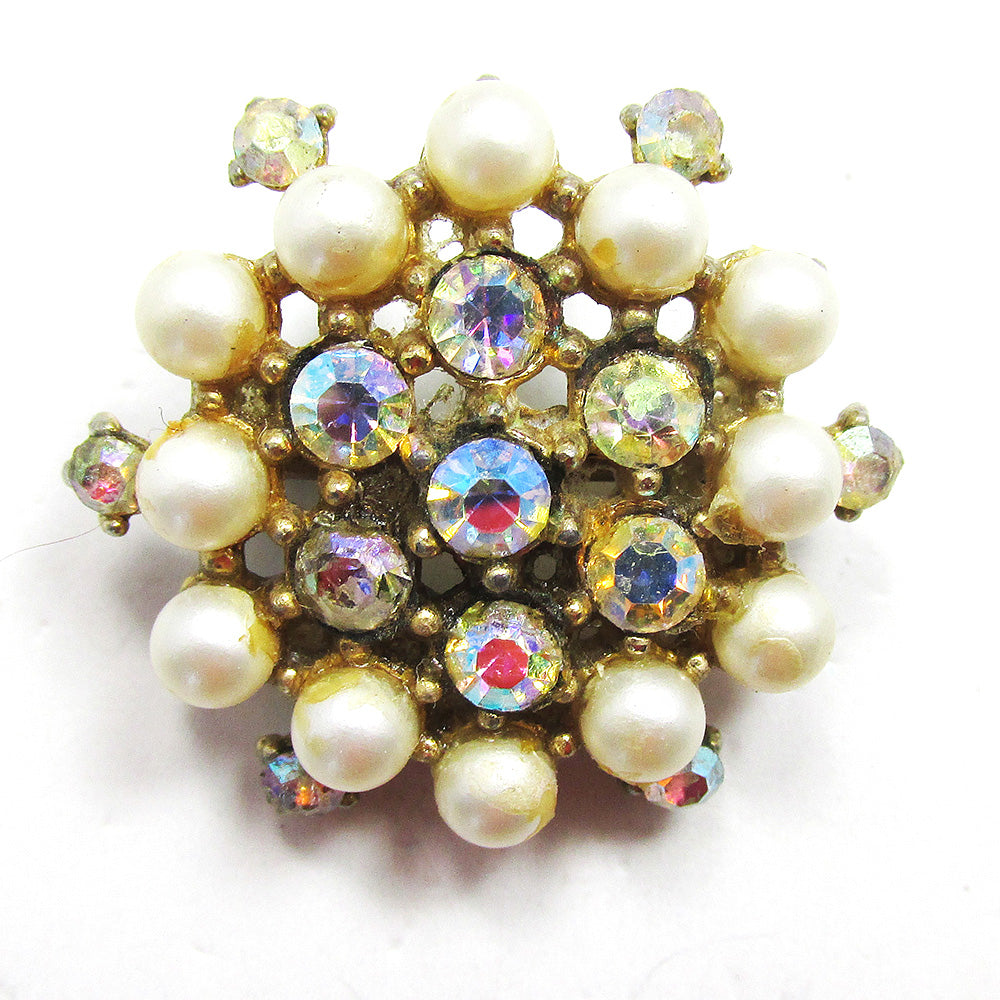 Vintage 1950s Delightful Mid-Century AB Diamante and Pearl Pin - Front