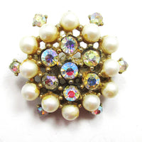 Vintage 1950s Delightful Mid-Century AB Diamante and Pearl Pin - Front - Thumbnail