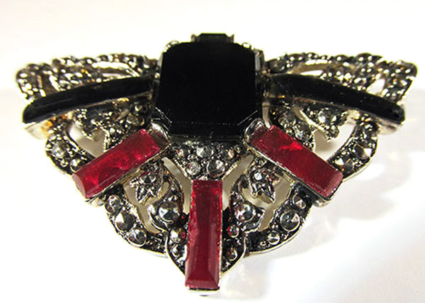 Vintage 1950s Onyx, Carnelian, and Marcasite Silver Pin - Front