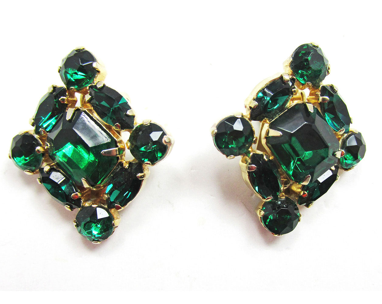 Vintage 1950s Mid-Century Emerald Diamante Geometric Earrings - Front