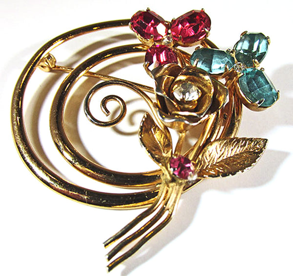 Coro Vintage 1940s Pink, Aqua, and Clear Rhinestone Floral Bouquet Pin - Front