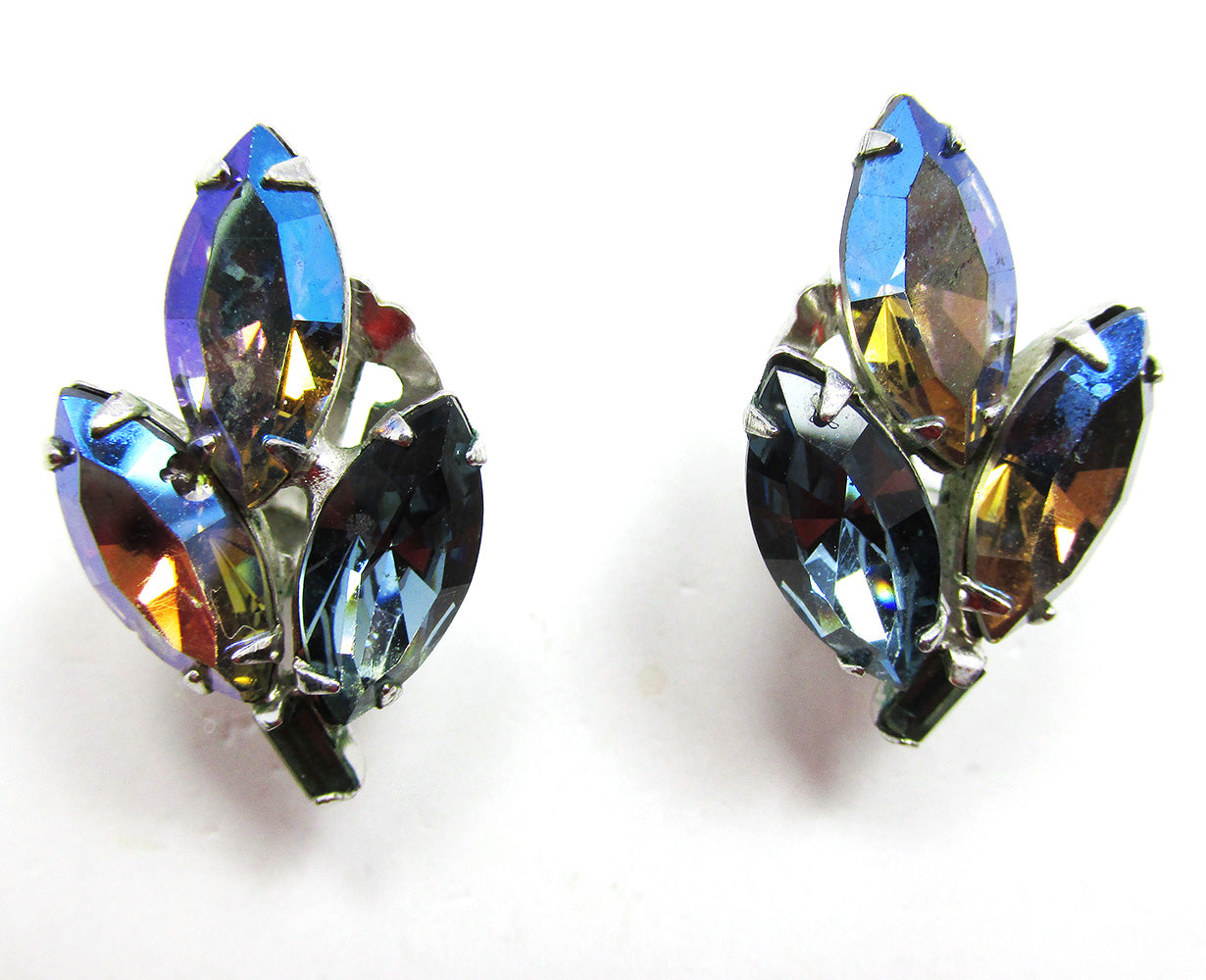 Vintage 1950s Mid-Century Blue AB Diamante Leaf Earrings - Front