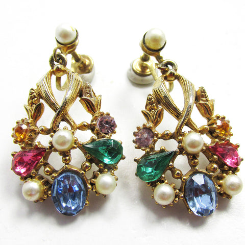 Star Vintage 1950s Designer Diamante and Pearl Drop Earrings - Front