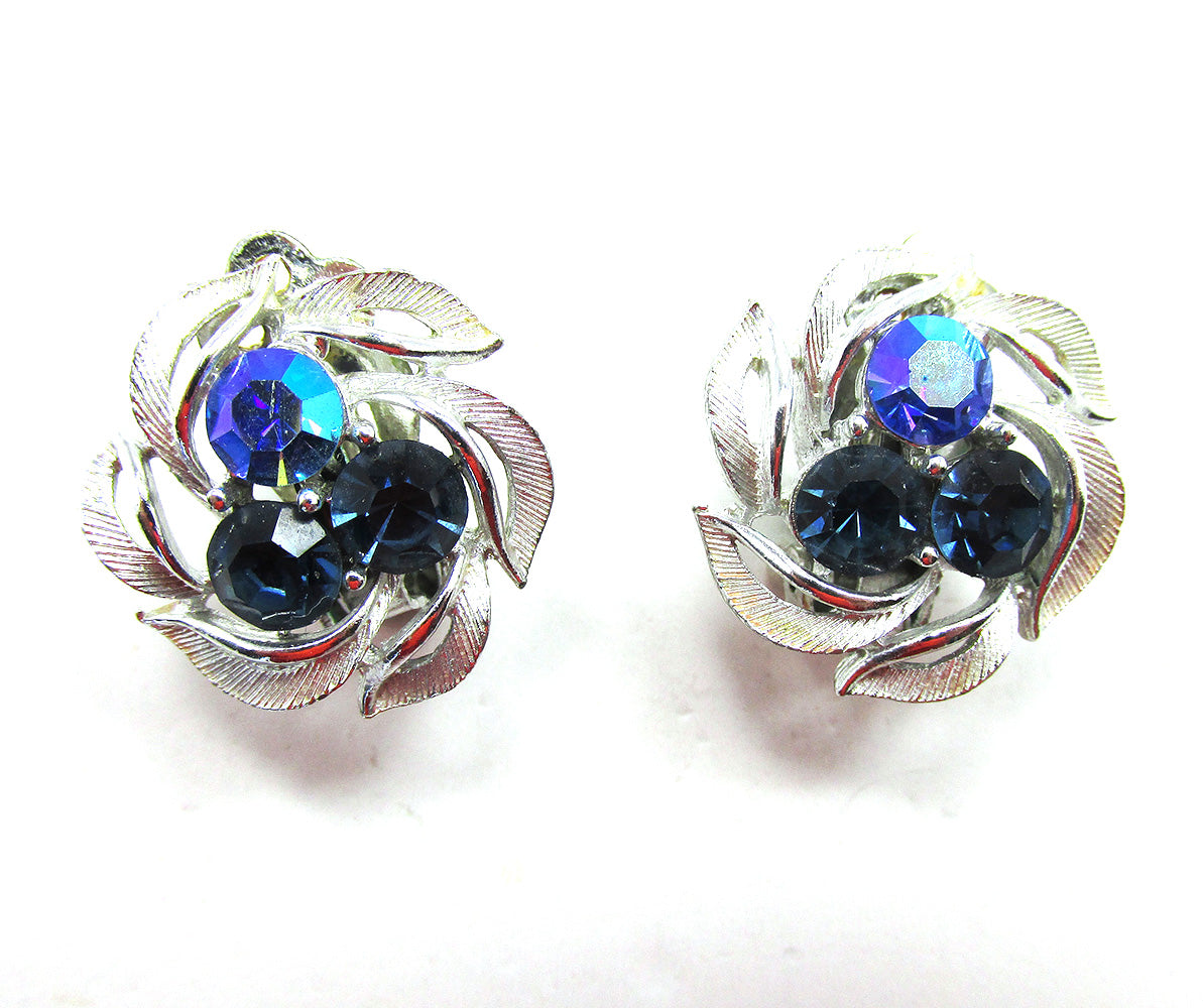 Signed Lisner 1950s Designer Blue Diamante Floral Button Earrings - Front