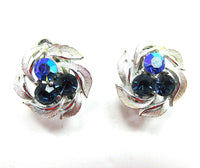 Signed Lisner 1950s Designer Blue Diamante Floral Button Earrings - Front - Thumbnail