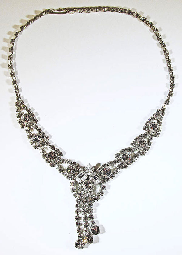 Vintage 1950s Dazzling Clear Rhinestone and Silver Drop Necklace - Front
