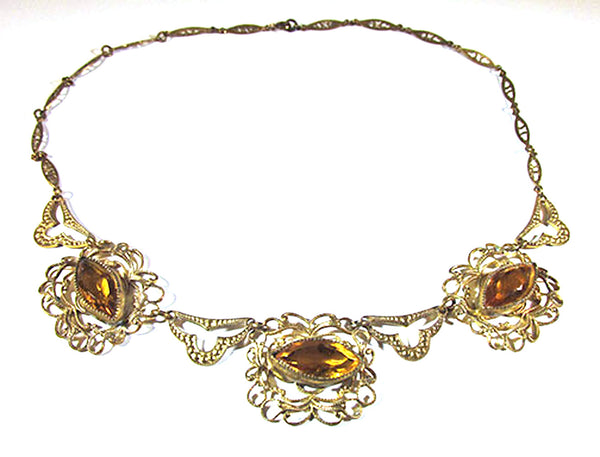 Czechoslovakian 1930s Brass and Topaz Rhinestone Necklace - Front
