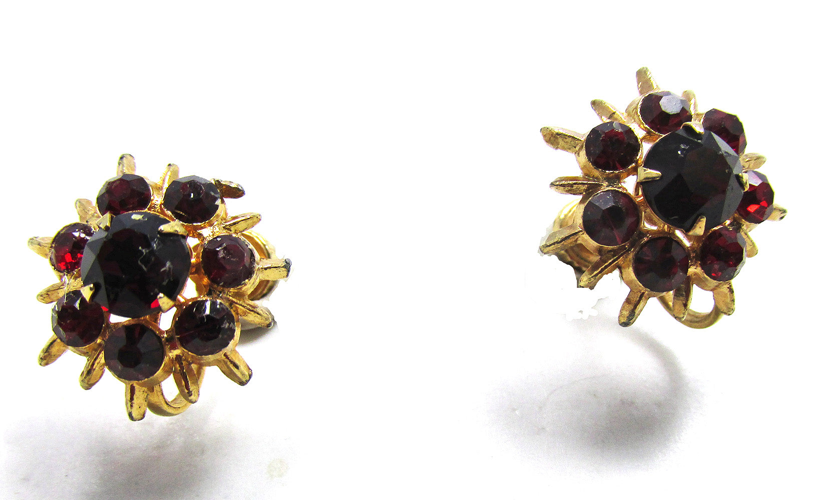 Striking Vintage 1950s Mid-Century Ruby Diamante Button Earrings - Front