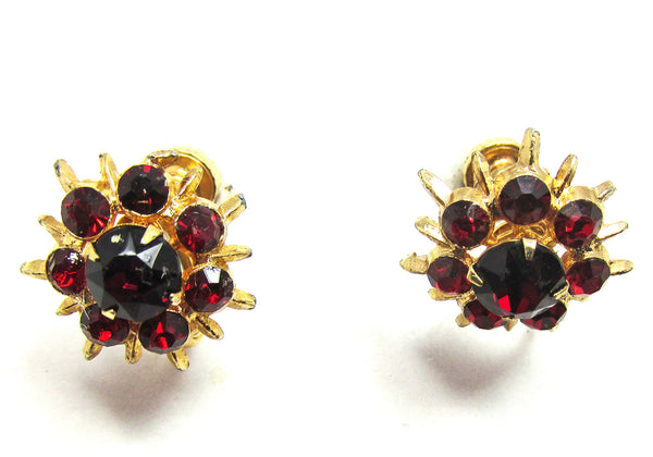 Striking Vintage 1950s Mid-Century Ruby Diamante Button Earrings - Front