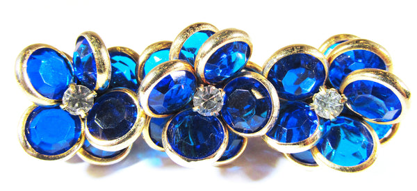 Vintage 1970s Blue and Clear Rhinestone Gold-Toned Floral Bar Pin - Front