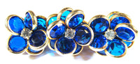 Vintage 1970s Blue and Clear Rhinestone Gold-Toned Floral Bar Pin - Front - Thumbnail