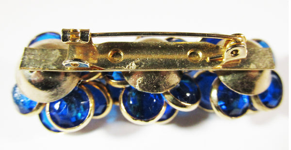 Vintage 1970s Blue and Clear Rhinestone Gold-Toned Floral Bar Pin - Bck