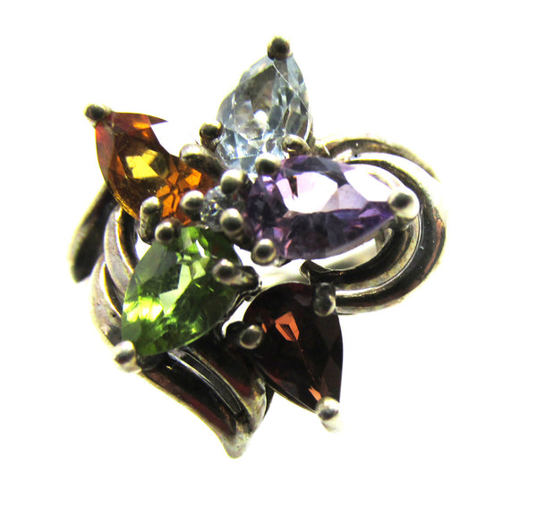 1970s Vintage Sterling and Multi Color Gemstone Floral Fashion Ring - Frong
