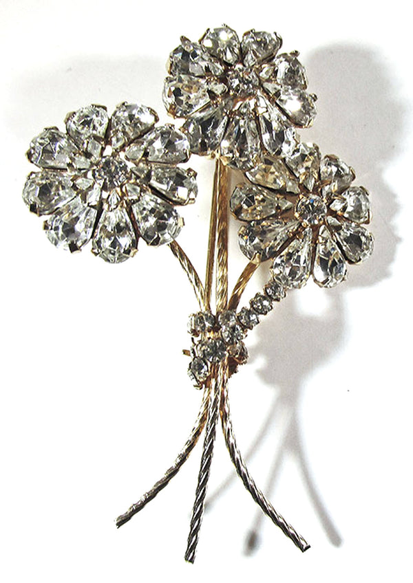 Vintage 1950s Clear Rhinestone and Gold Floral Bouquet Pin - Front