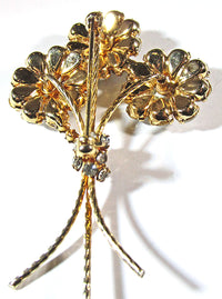 Vintage 1950s Clear Rhinestone and Gold Floral Bouquet Pin - Back - Thumbnail