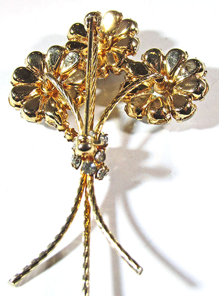 Vintage 1950s Clear Rhinestone and Gold Floral Bouquet Pin - Back