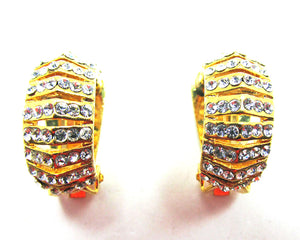 Vintage 1980s Retro Half Hoop Clear and Gold Diamante Earrings - Front