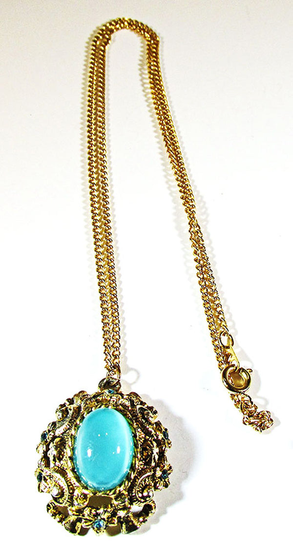 Sarah Coventry Vintage 1960s Aquamarine Rhinestone Cabochon Pendant - Front
