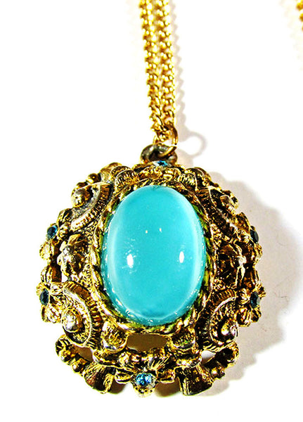 Sarah Coventry Vintage 1960s Aquamarine Rhinestone Cabochon Pendant - Close Up