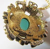 Sarah Coventry Vintage 1960s Aquamarine Rhinestone Cabochon Pendant - Back and Signature - Thumbnail