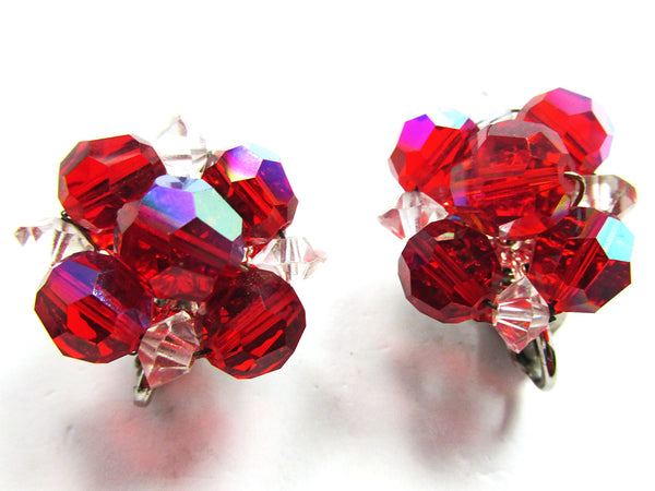 Coro 1960s Vintage Mid-Century Red Crystal Bead Button Earrings - Front