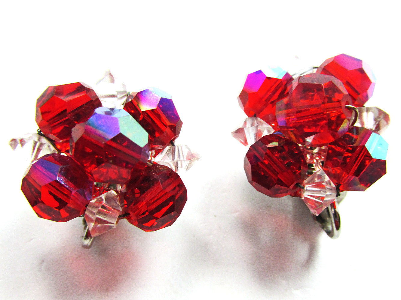Coro 1960s Vintage Mid-Century Red Crystal Bead Button Earrings - Front