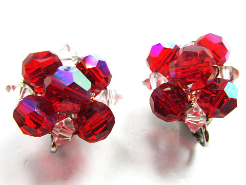 Coro 1960s Vintage Mid-Century Red Crystal Bead Button Earrings - Front